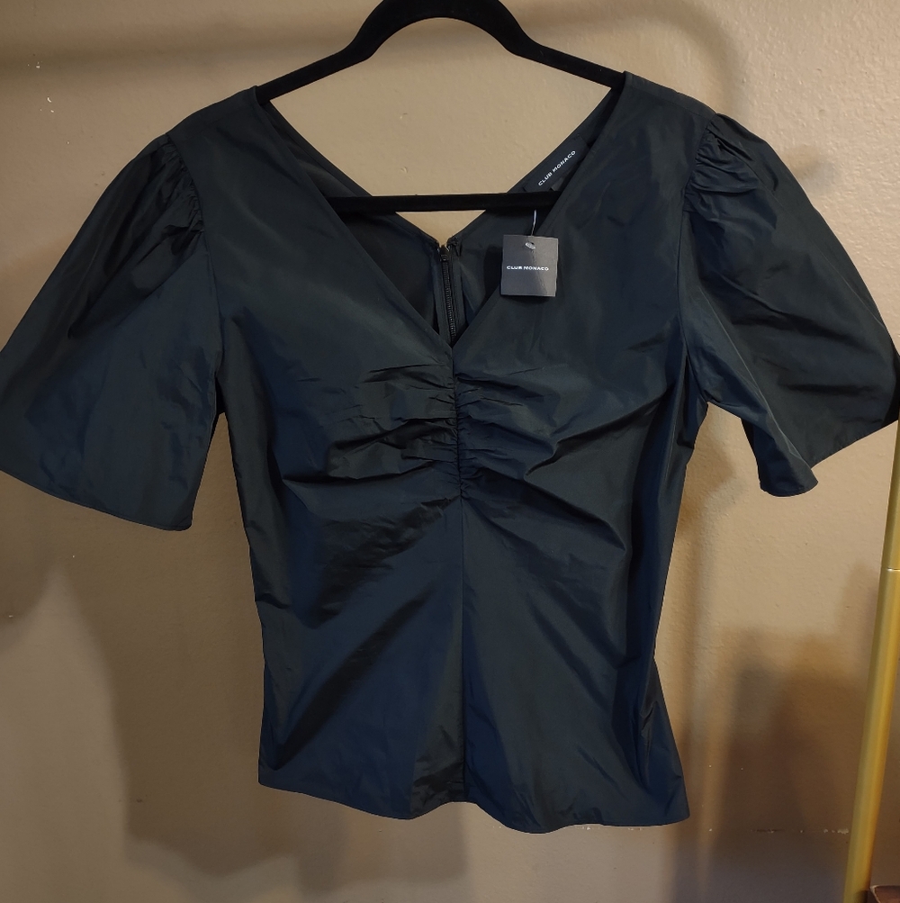 Club Monaco Black Flutter-Sleeve V-Neck Top